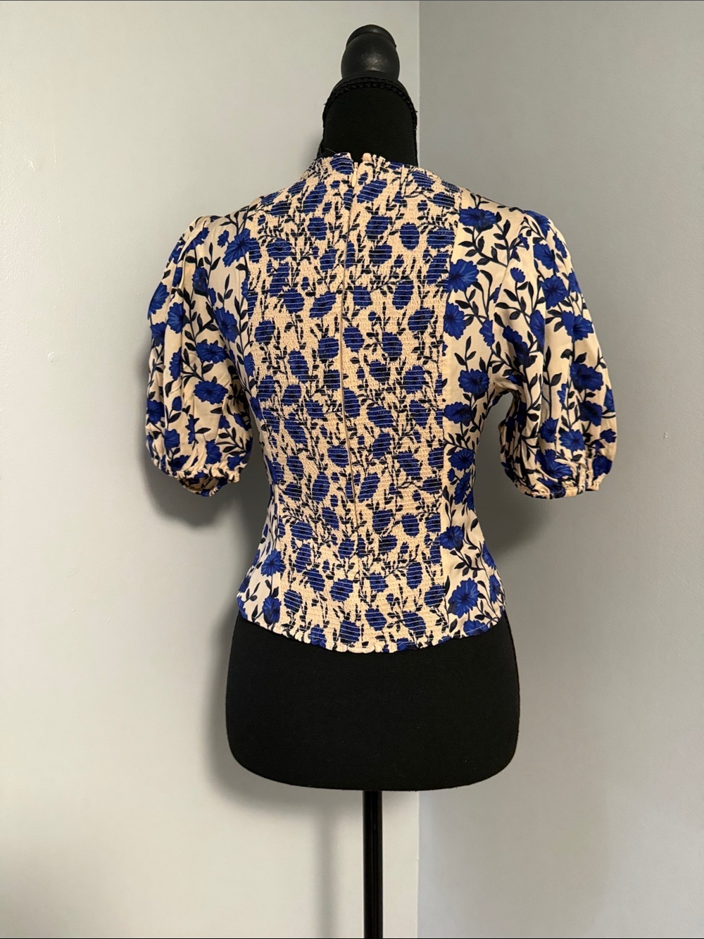 J. Crew Blue Floral Puff-Sleeve Blouse on Cream - Picture 3 of 3